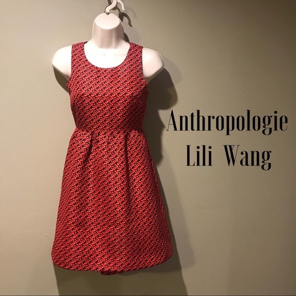 Anthropologie Lili Wang Red Geo Jacquard dress, size 0 - Picture 7 of 11